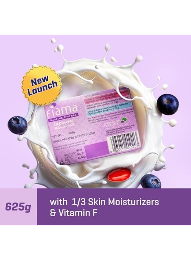 Fiama Moisturizing Soap Bars Celebration Pack, Japanese Hokkaido Milk & Berries, Soaps Pack Of 5 (625g), Non-Sticky Moisturized Skin, 1/3Rd Skin Moisturizers, Vitamin F, Free, Assorted - Image 3